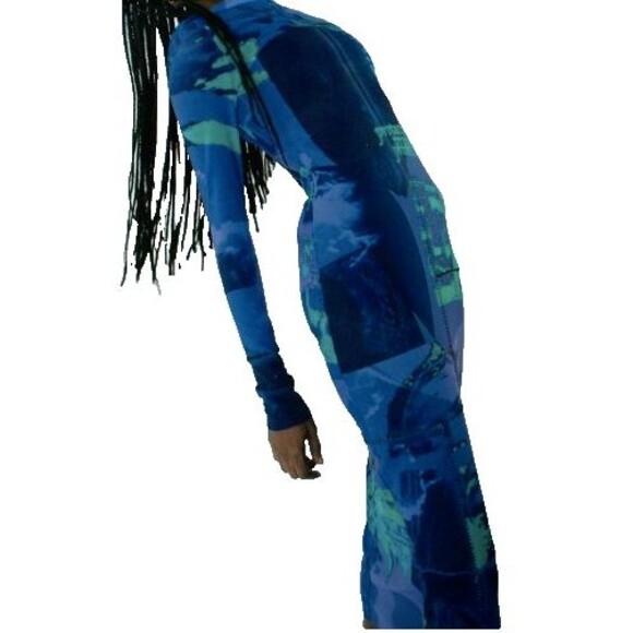 Danielle Guizio Sheer Mesh Graphic Printed Long Sleeve Dress Blue,Lilac,Green XS - Picture 1 of 9
